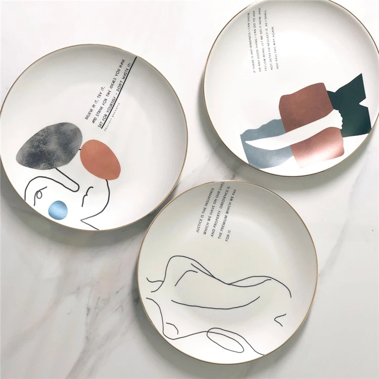 new design novelty custom decal printed artistic abstract wholesale white dinner ceramic plates with gold rim .jpg