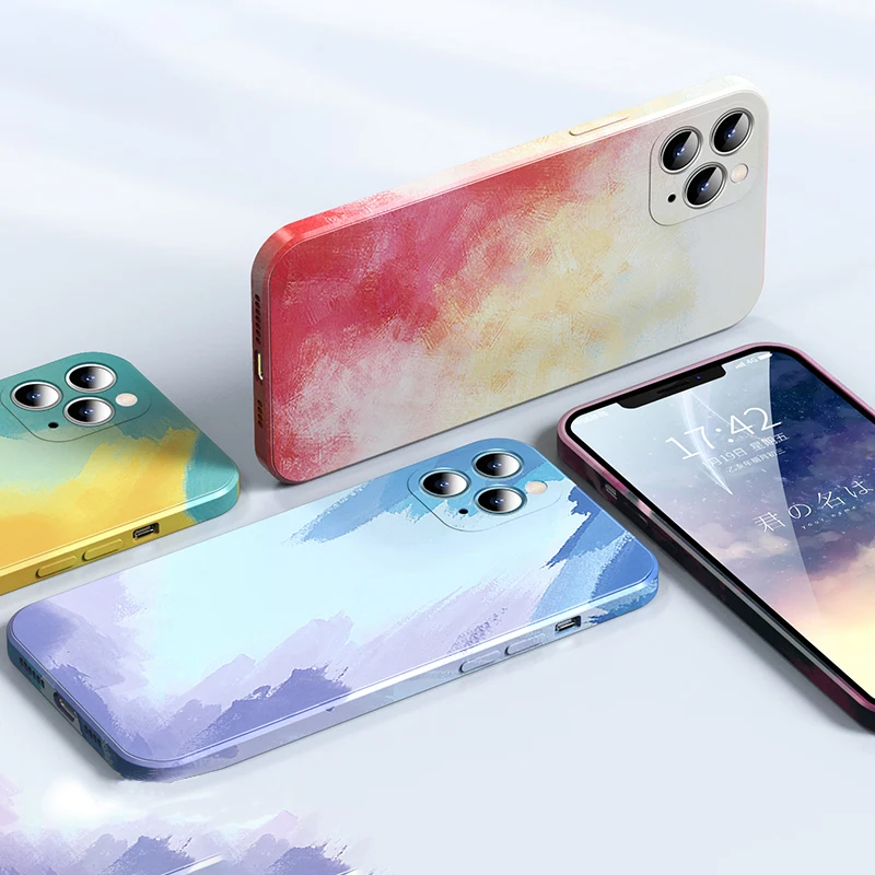 

Square Liquid Silicone Watercolor Phone Case For iPhone 12 11 Pro Max Mini XS X XR 7 8 Plus SE 2020 Colorful Gradient Soft Cover, As pictures show