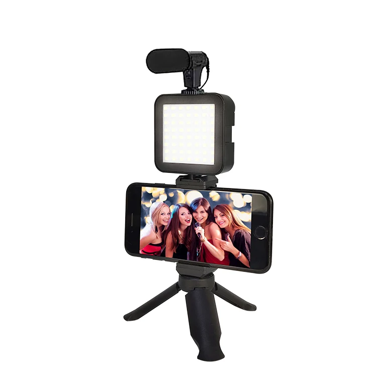 

Professional vlogging equipment kit for smartphone with video recording microphone led light tripod stand, Black
