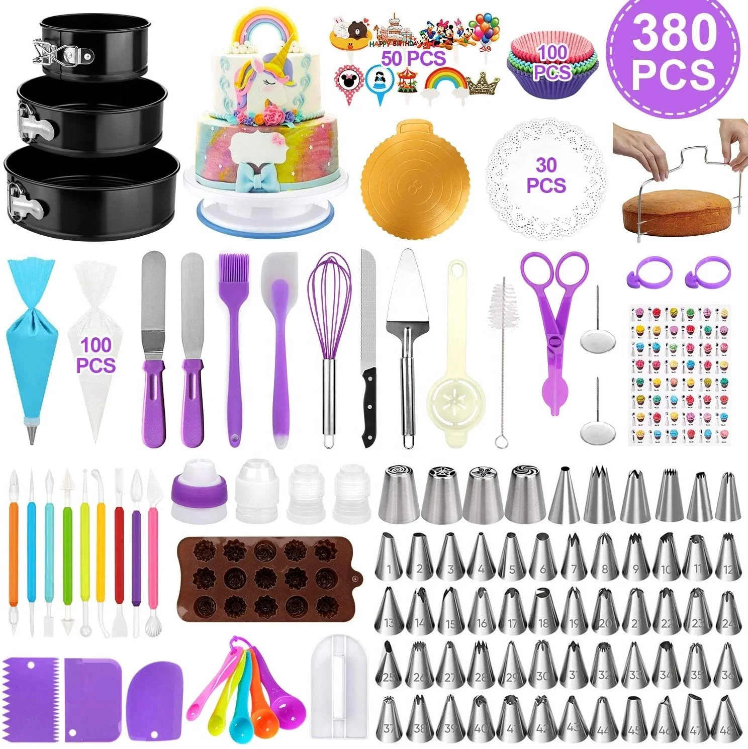 

380 PCs Cake Decorating Supplies Kit for Beginners Turntable stand Numbered icing tips Spatula Russian nozzles Baking tools, As picture
