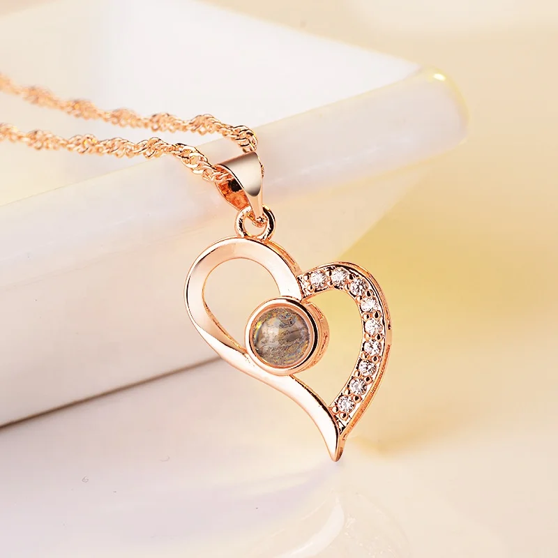 

Geometric Romantic Love Memory Wedding Necklace Rose Gold Tone I Love You Projection Pendant Necklace