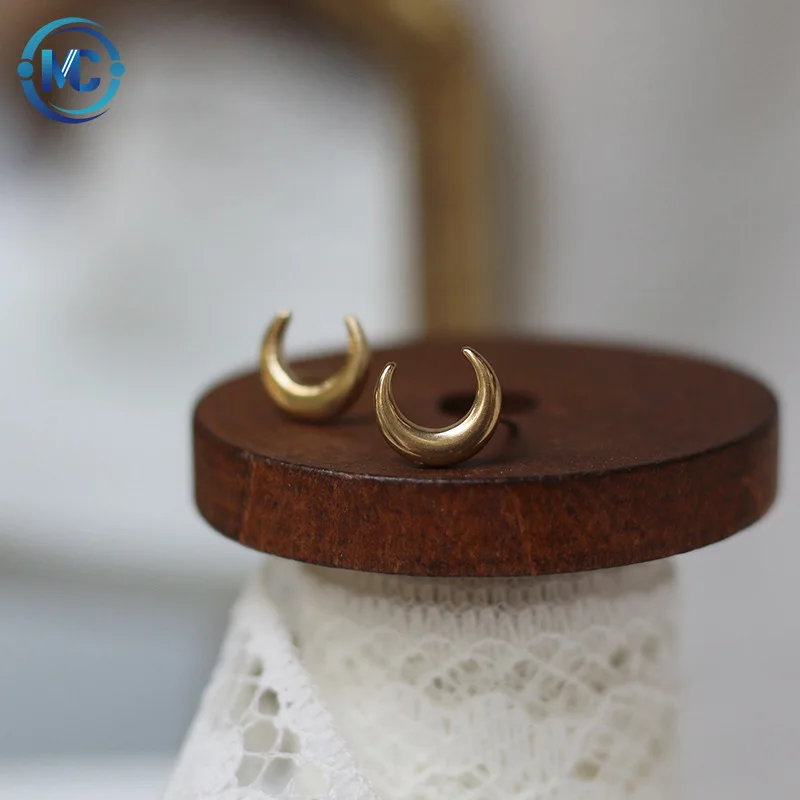 

14K Gold Plated Stainless Steel Jewelry Little Moon Crescent Goddess Ear Studs Small and Cute Horn Earrings, 18k gold, steel color