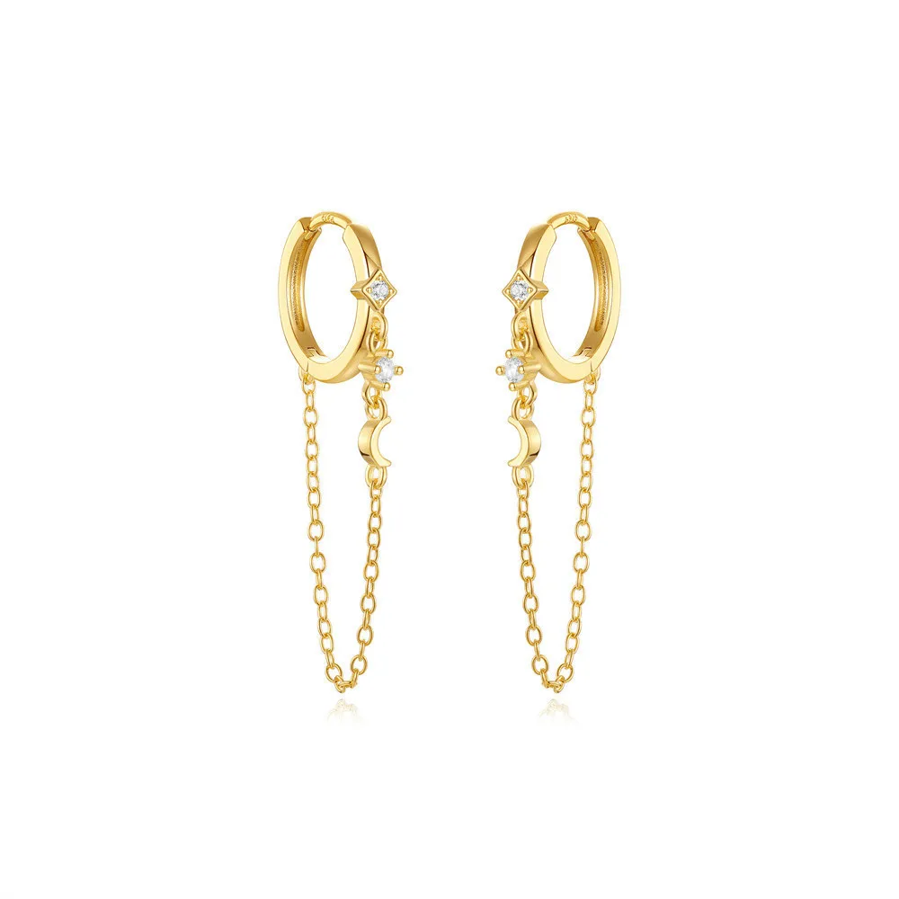 925 Sterling Silver Earrings Jewelry Geometric Moon Star Diamond Long Tassel Chain Gold Plated Hoop Earrings Women