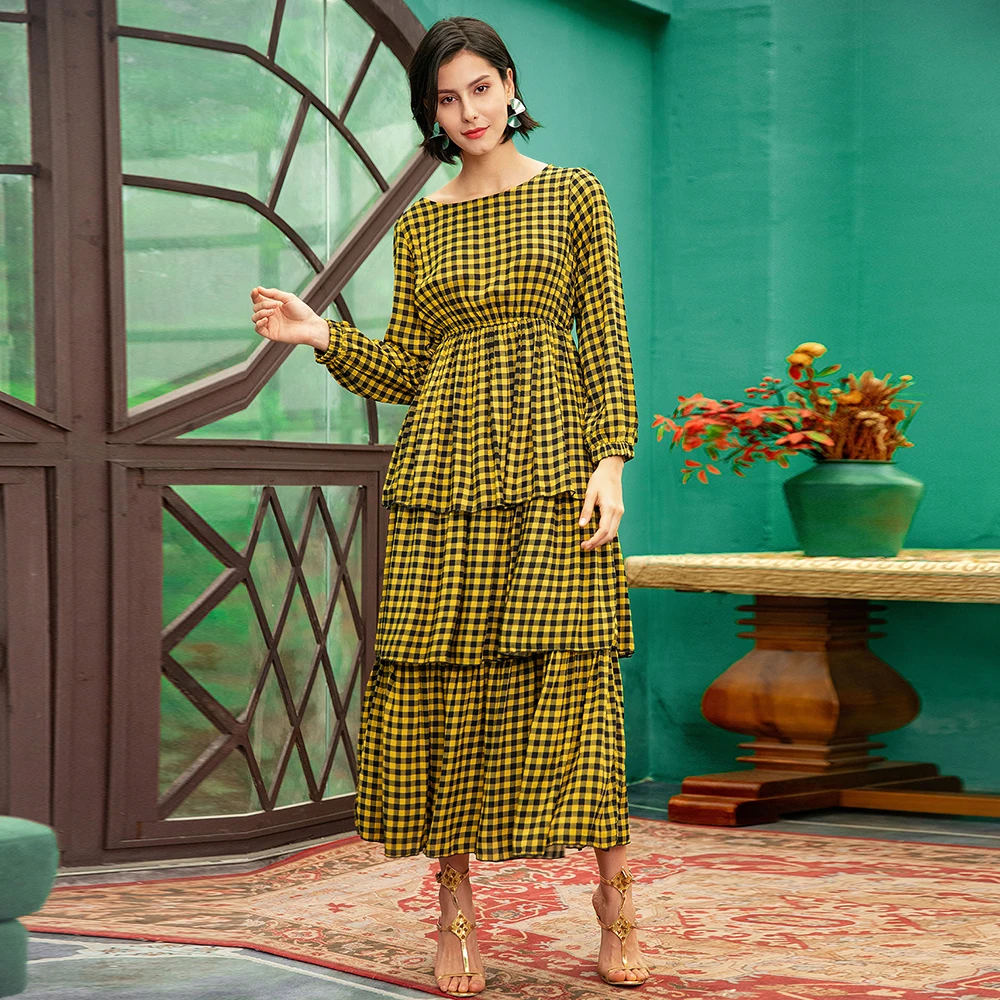 

2021 summer trendy yellow plaid lotus leaf layered design long sleeve pleated panel dress women ladies casual ruffle maxi dress