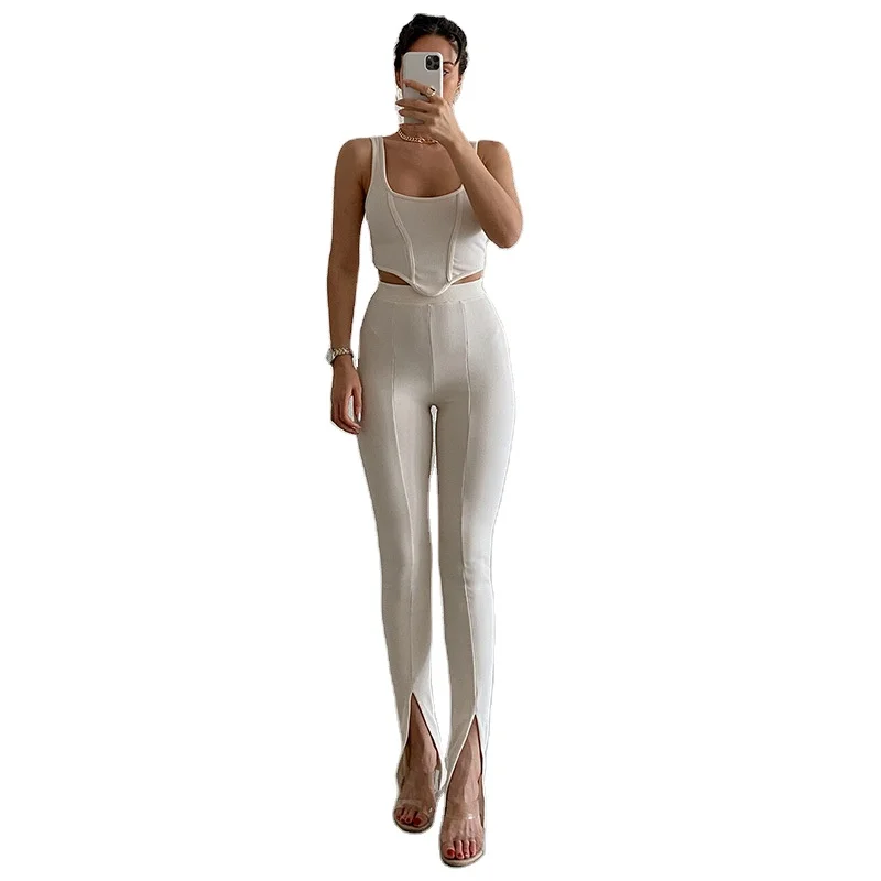 

10702-MX42 sleeveless crop top skinny two piece pants set women sehe fashion