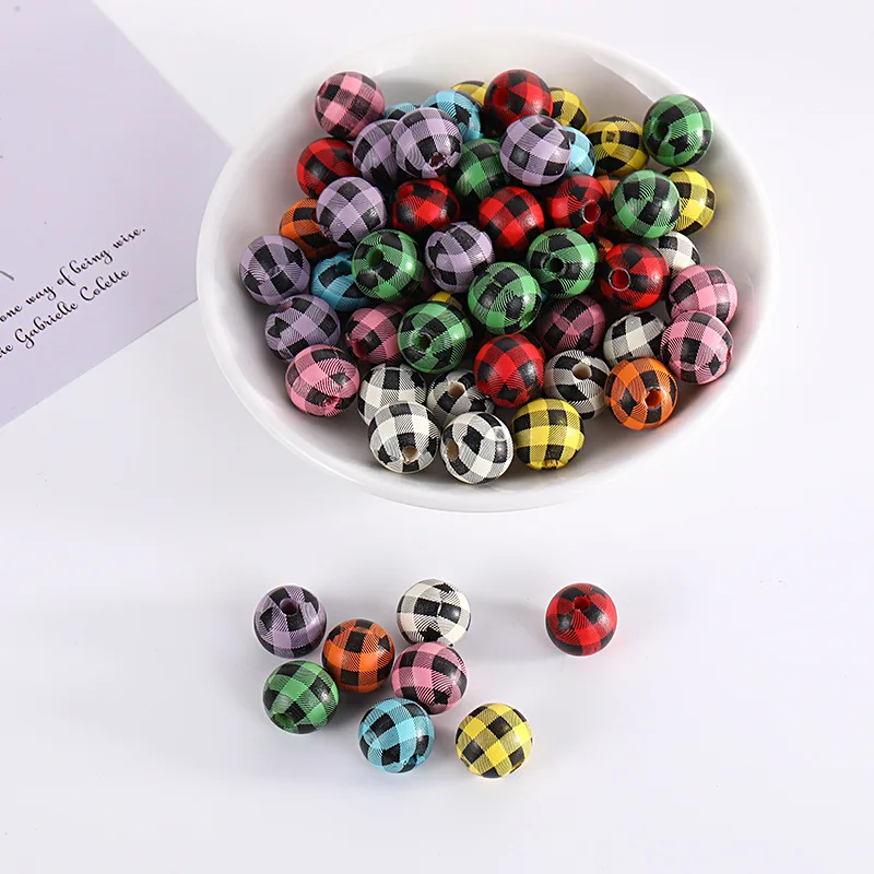 

Buffalo Plaid Print Wooden Beads Round 100pcs per pack, Multi