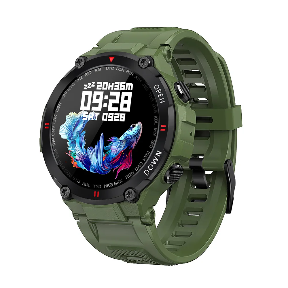 

400mah long standby 1.28 inch HD screen SP02 blood pressure heart rate fitness tracker smartwatch K27 outdoor sport smart watch, Black/ green/ grey