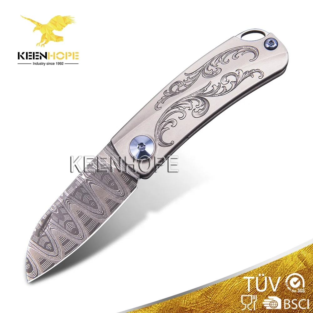 

Damascus Folding Pocket Knife USA Mike Norris Composite Ladder Pattern Titanium TC4 Hand Engraving Scroll Flower pattern Handle