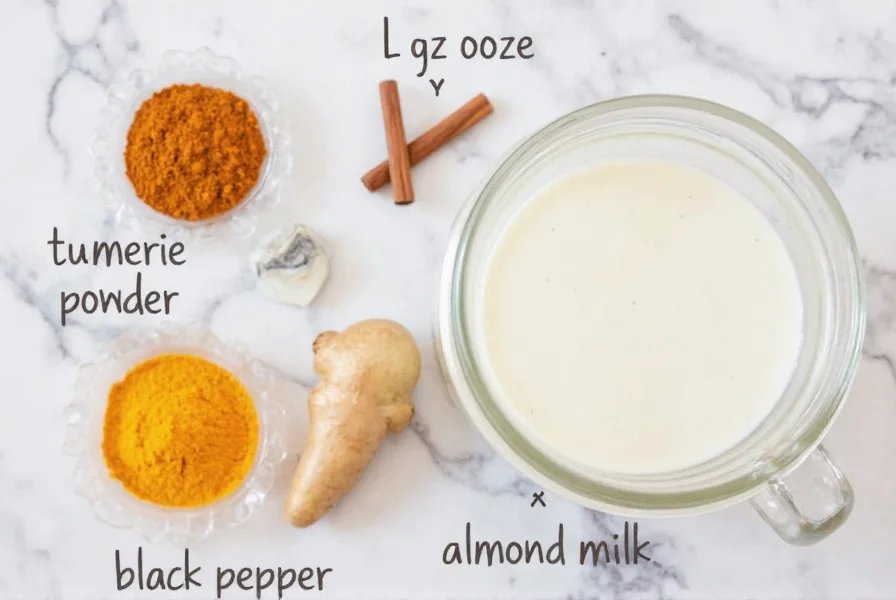 Golden milk recipe ingredients: turmeric powder, ginger, cinnamon, black pepper, and almond milk in a mason jar