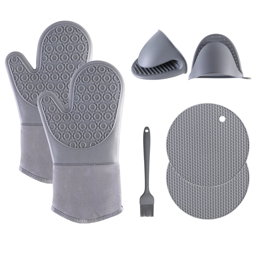 

Kitchen Heat Resistant BBQ Grill Baking Oven Mitts Microwave Safe Silicone Oven Gloves with Clips Mats