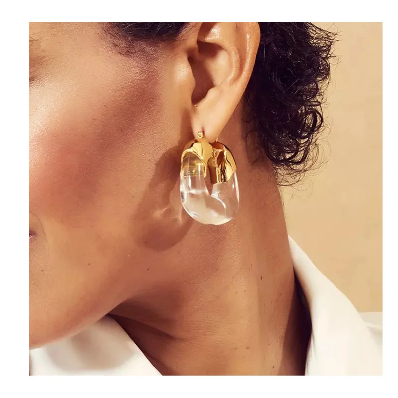 

2021 Fashion Acetate Geometric Transparent Earrings U Shape Gold Plated Acrylic Resin Hoop Earrings