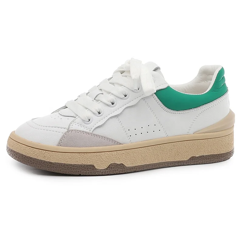 

2021 Autumn New Board Shoes Women'S Genuine Leather Flat Shoes Student's White Lace Up Shoes, Green,yellow
