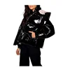Custom Winter Black High Shine Hooded Vinyl Puffer Jacket Coat Women