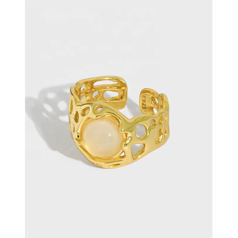 

Minimalist 18K Gold Plated Irregular Ring S925 Sterling Silver Open Ring Irregular Hollow Agate Adjustable Ring