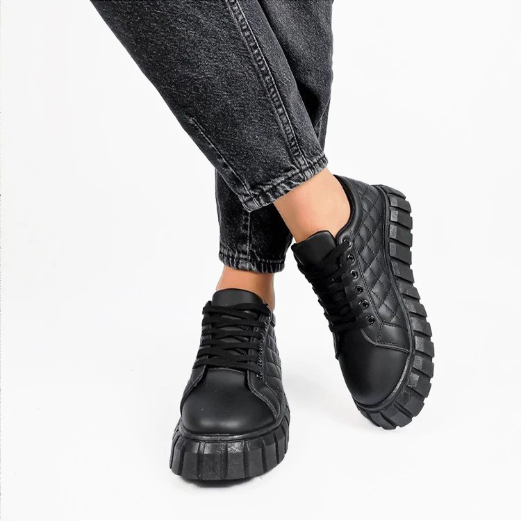 

New Fashion Lace Up Casual Thick Bottom Flat Sneakers Sports Shoes Woman Lady Running Trainers Shoes, White black
