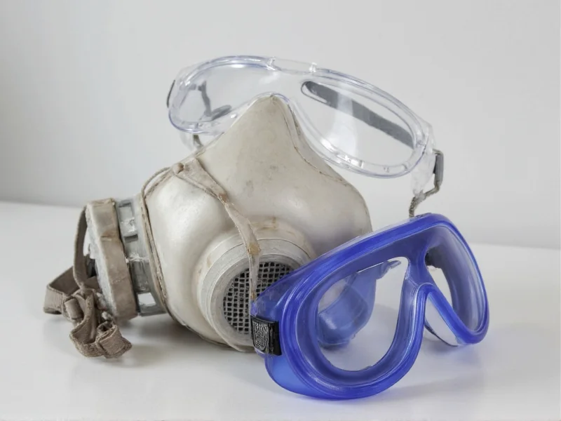 Proper safety equipment for mold cleanup including respirator and goggles
