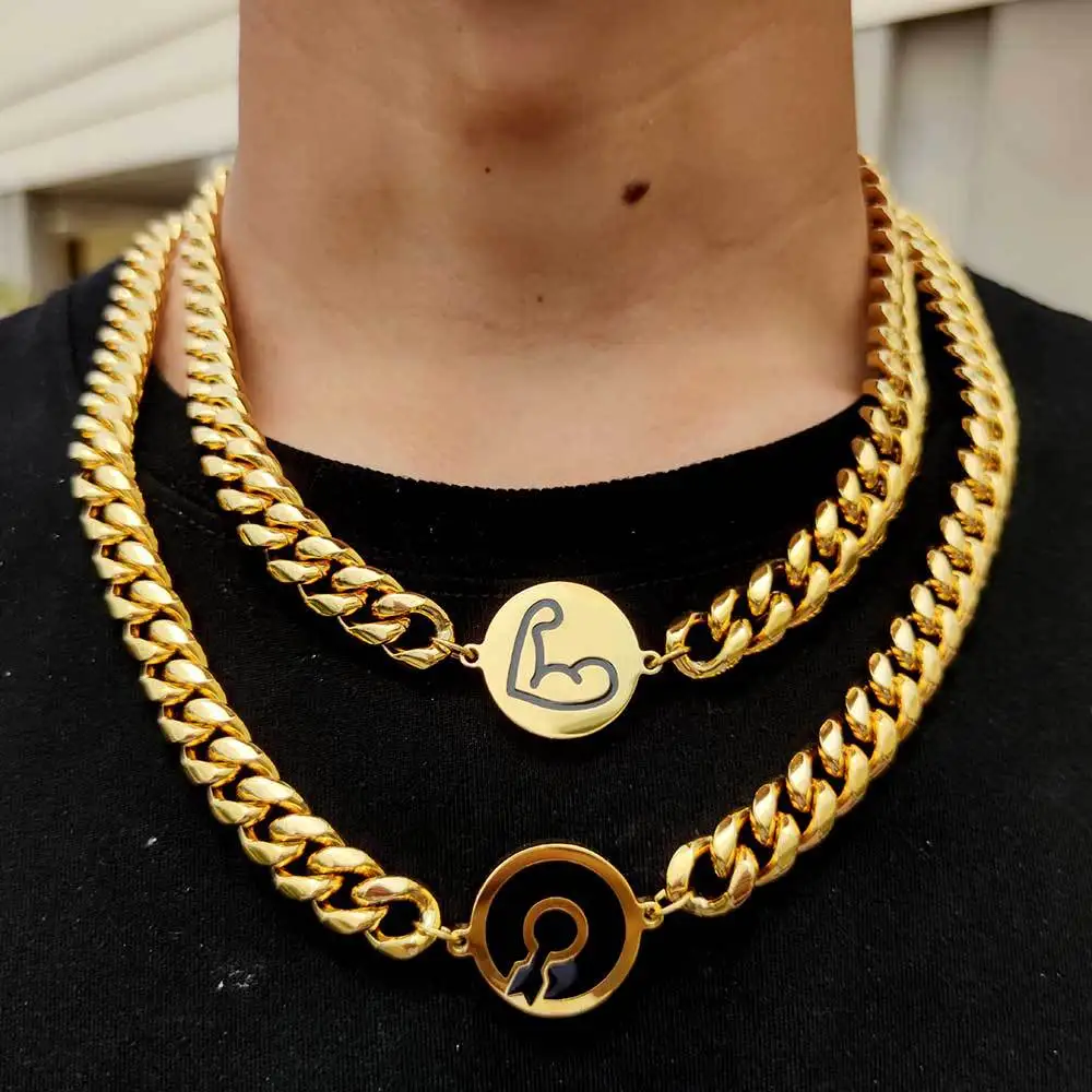 

HipHop Custom logo charm pendant necklace 12mm stainless steel gold plated 18K chunky curb link cuban chain for men, Gold , silver