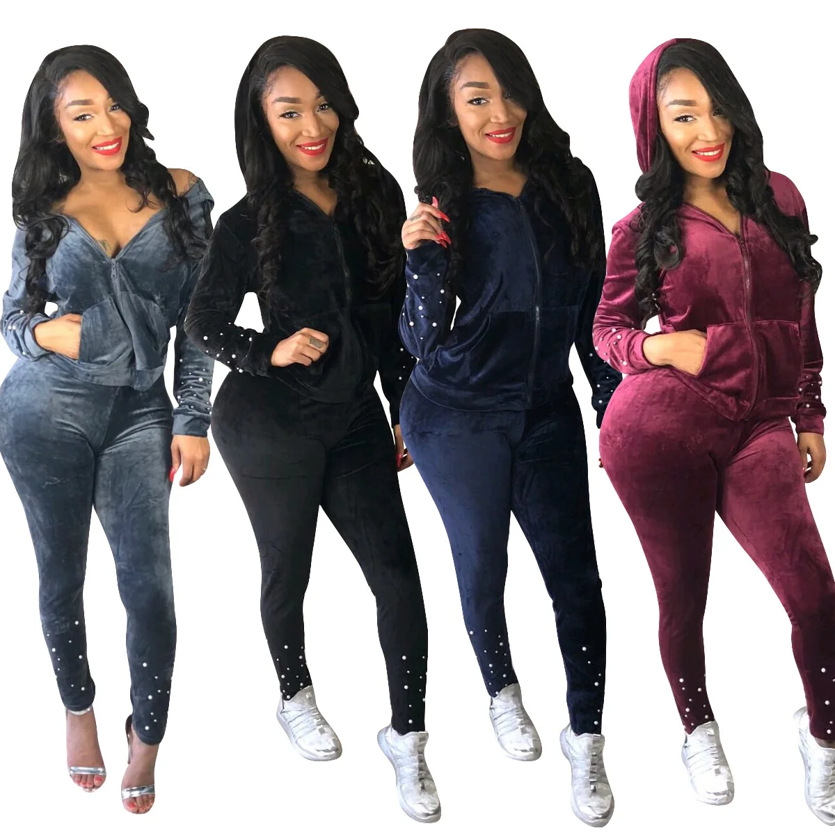 

Women slim fit velvet hoody sweat suit