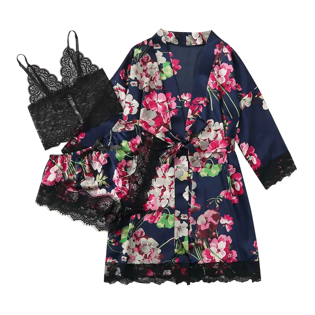 

sexy women long sleeve lingerie set 3pcs bra panty gown sets floral printed pajama bra panty sexy lingerie sleepwear, Navy/pink