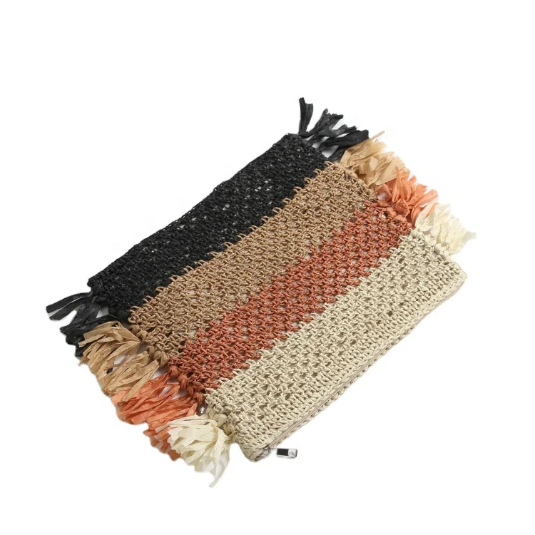 

Hot sale women pure handmade weave straw purses women mini color tassel handbags, Color stitching