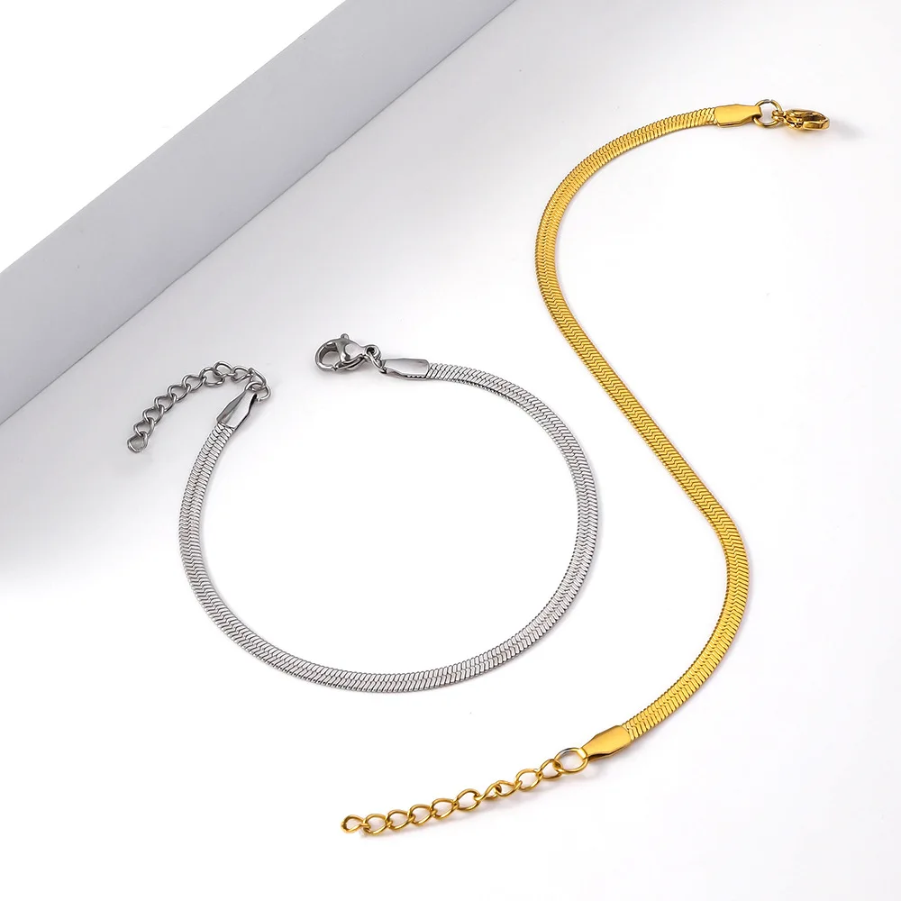 Wholesale Stainless Steel Jewelry 18K Gold Plated Hombre Brazaletes Girl Pulsera Cadena Flat Snake Link Chain Bracelet for Men