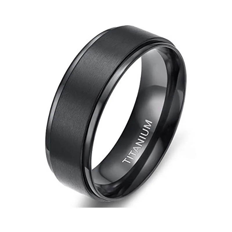 POYA 6mm/8mm Black Silver Titanium Rings Brushed  Beveled Edges Comfort Fit for Men and Women Couple Wedding Rings