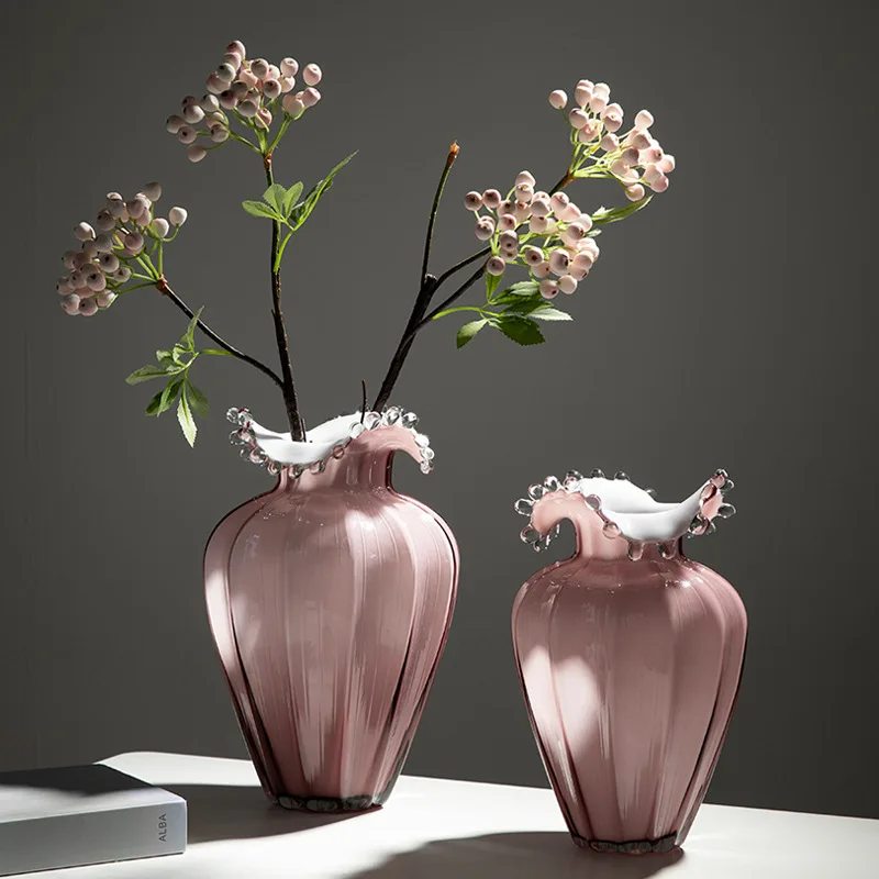Water Droplet Spray Bottle Mouth Grape pink Three-dimensional Striped Vase Handmade Countertop Flower Arrangement Glass Vase