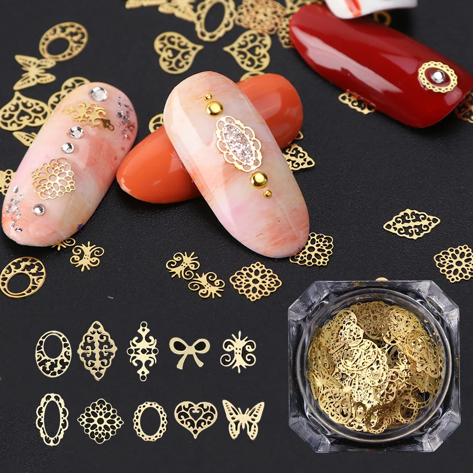 

3D Gold Metallic Sequin Paillette Mixed Design Flower Butterfly Charms Nail Art Decoration DIY Hollow Manicure Studs, As pictures