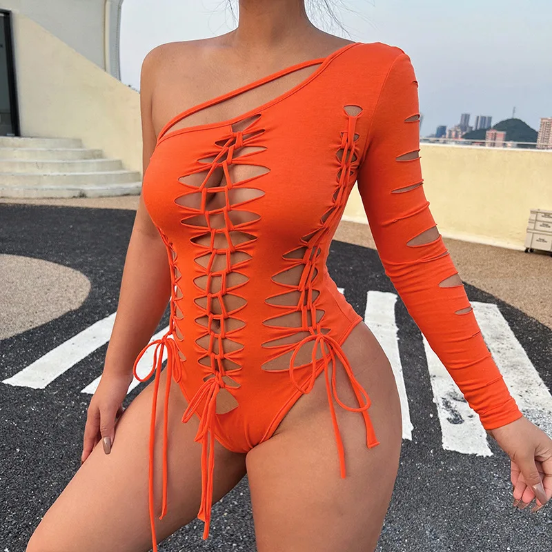 

2022 new arrivals summer collection hollow out asymmetrical design simple women bodysuits