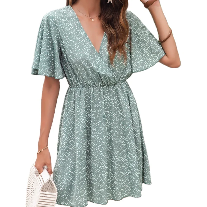 

2021 Summer Women Sexy Green Holiday Style Dots Printed Dress Girl V-neck Short-sleeved Slim Fashion Casual Sweet Dress