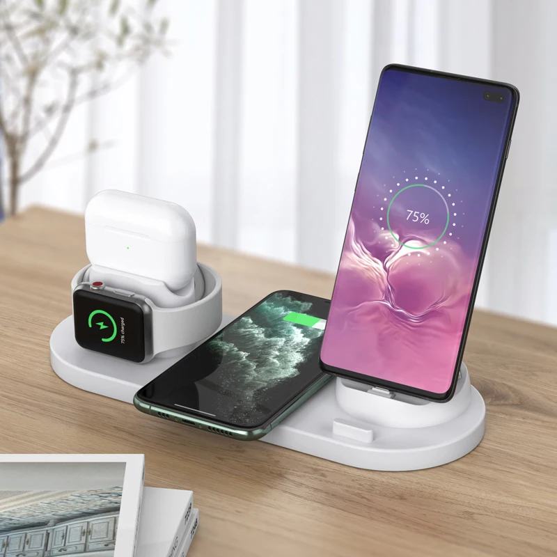 

6 In 1 Multi Function Automatic Dual Fast Charging Qi Phone Table Desk Desktop Wireless Charger