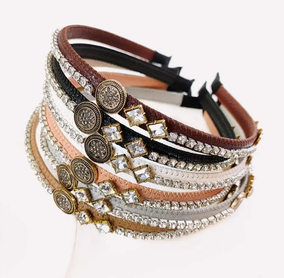 

Women Vintage luxury Crystal Rhinestone design Headband High Quality Leather Hairband Hair Accessories for Girls, Picture shows