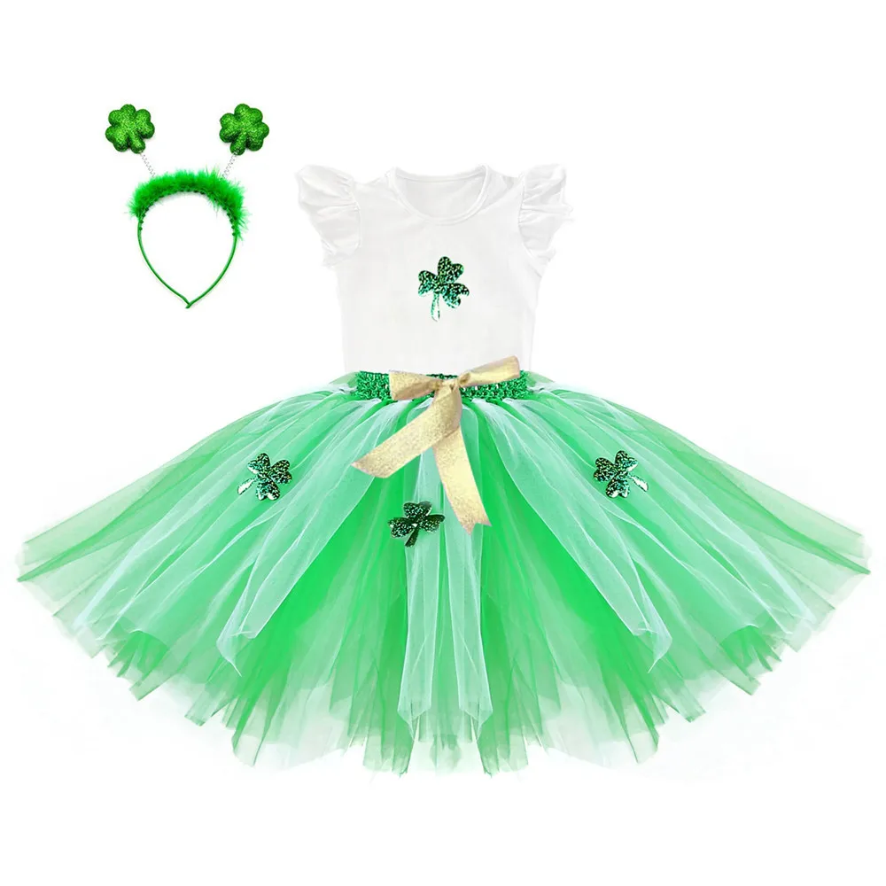 

Ireland Kids Party Ruffle Ball Green Prom Gown Flower Girl Clothing Sets Tutu Dress