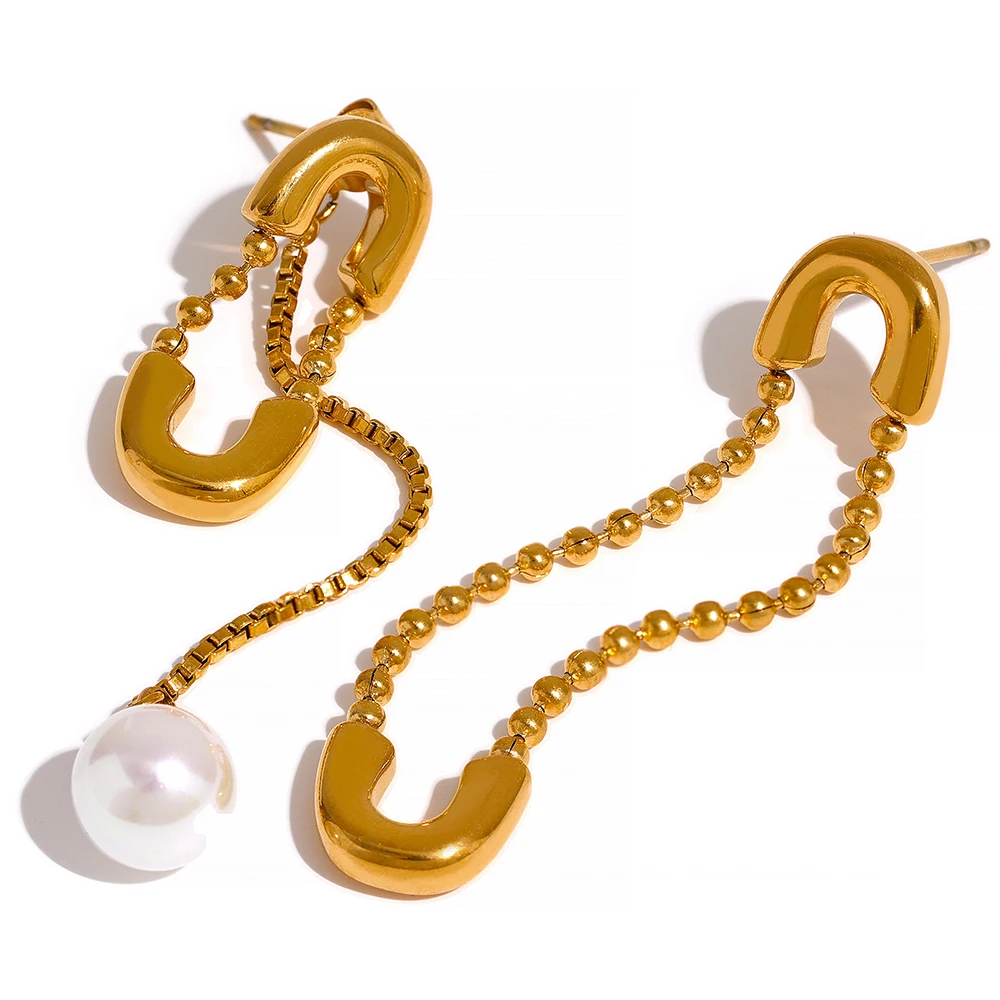 

JINYOU 303 Personality Gold Color Long Chain Imitation Pearl Drop Stainless Steel Asymmetrical Earrings Tarnish Free Jewelry