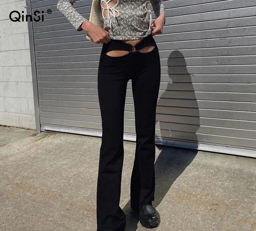 

QINSI Chic Harajuku Women Streetwear 2022 Trend Summer Flare Pants Skinny Elastic Long Trousers Hollow Low Waist Y2K Pants