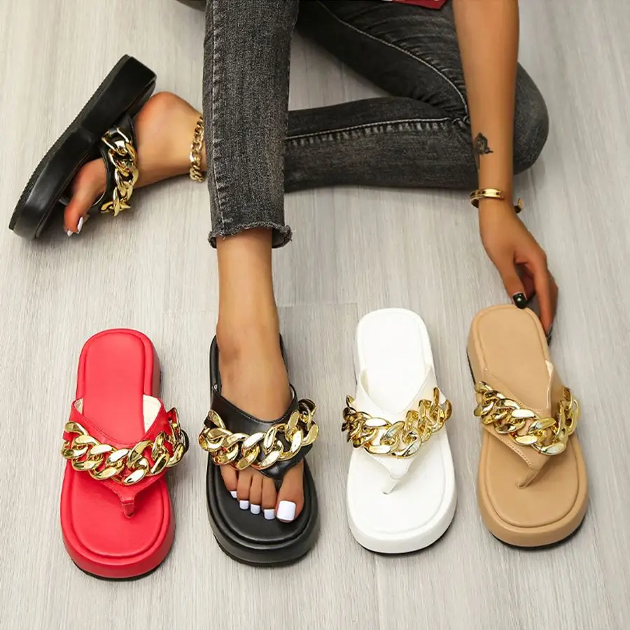 

New Fashion Thick Soled Platform PU Leather Upper Flip-Flops Slippers With Gold Buckle Chain Women's Slippers, Colors