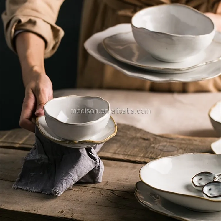 Nordic Ceramic Tableware Irregular Rice Bowl Dessert Salad Bowl Flat Plates Sets