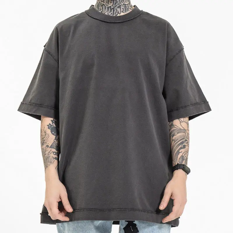 Custom Cut and Sew T Shirt 100% Cotton Graphic Printing Heavyweight Bleach Acid Washed Vintage Plus Size Men Oversize Tshirt