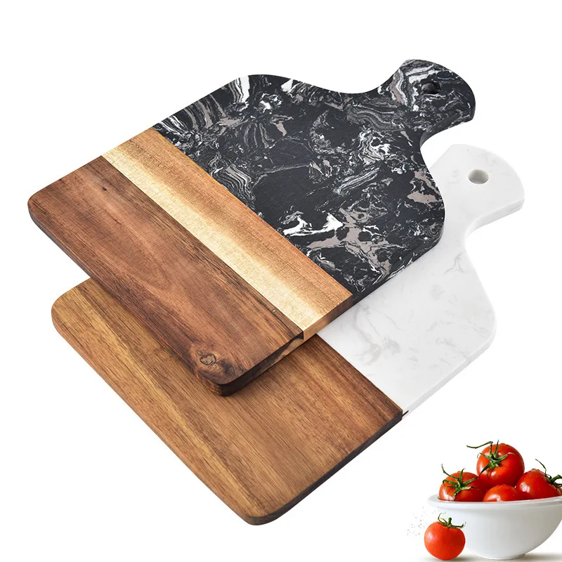 

Custom Kitchen Acacia Wooden Chopping Board for Steak Fruits Cheese Serving Trays Marble Wood Cutting Board with Handle