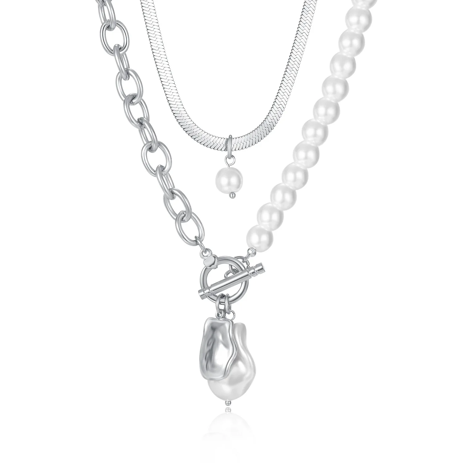 

Vintage stainless steel ot buckle multi layer snake chain pearl necklace women