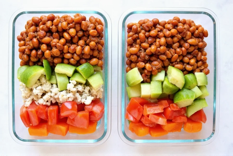 Meal prep containers with bean chili and toppings separated for easy grab-and-go lunches