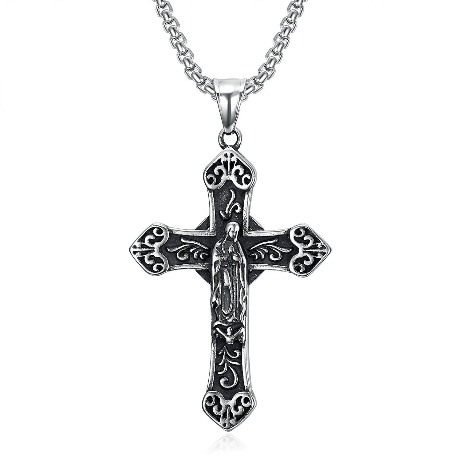 

Retro Guadalupe Religion Mother of Jesus Virgin Mary Pendant Stainless Steel LOGO Engraved Cross Necklace