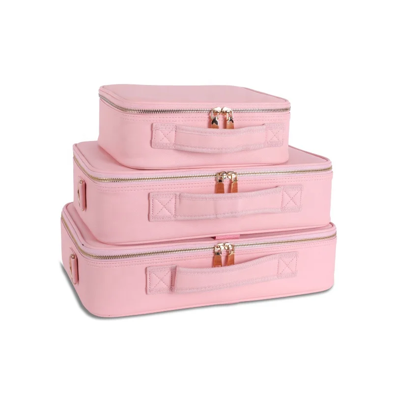 

Makeup Train Case Makeup Cosmetic Case Organizer Portable Artist Storage Bag 10.3 inches with Adjustable Dividers for Cosmetics, Pink