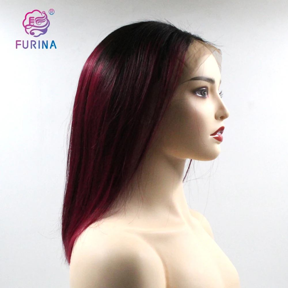 

Ombre Brazilian 150% Density Straight Short Bob Wig 1b/#99J/ 13*4 Lace Front Human Hair Wigs, 1b/99j#color