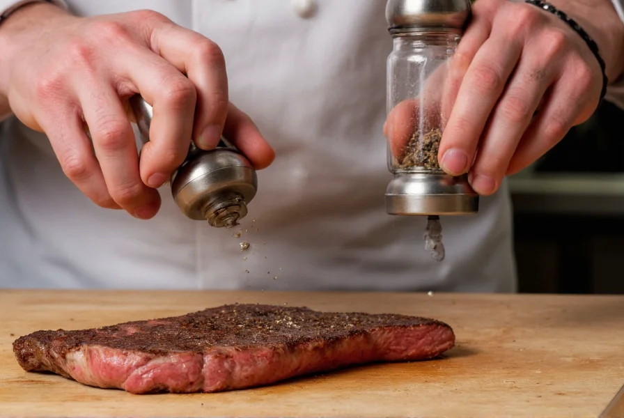 Chef's hands seasoning a steak with separate salt and pepper grinders, demonstrating proper technique
