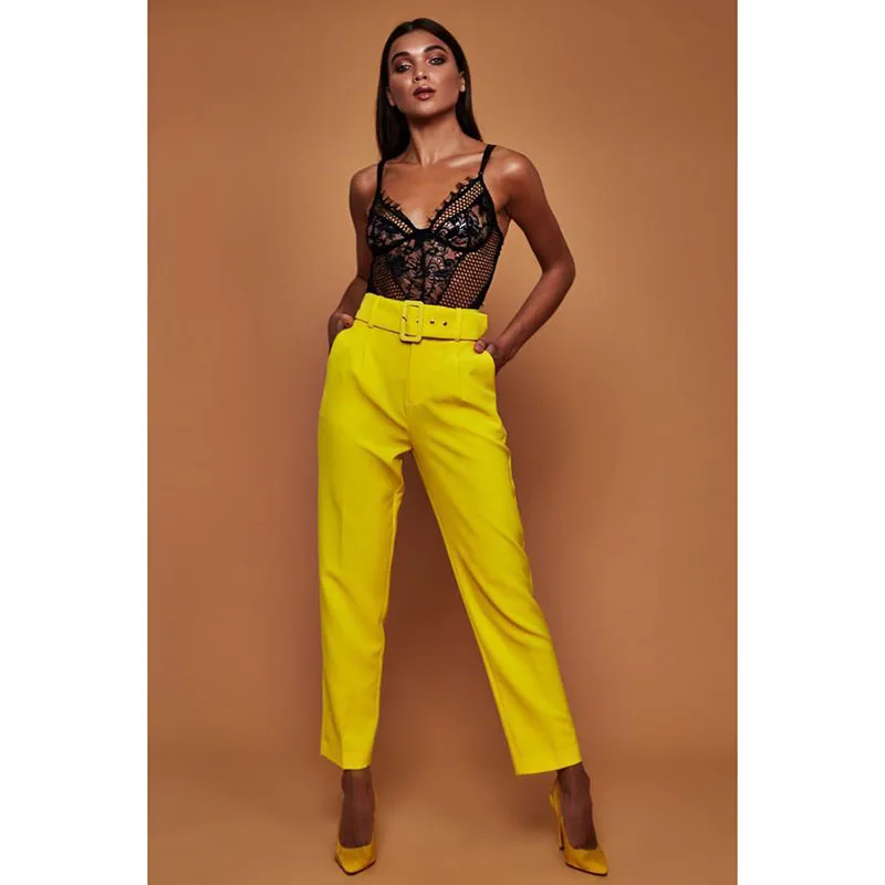 

Casual Women Trousers High Waist Belted Straight Leg Slacks Office Lady Suit Pants, White, yellow, khaki, rose red