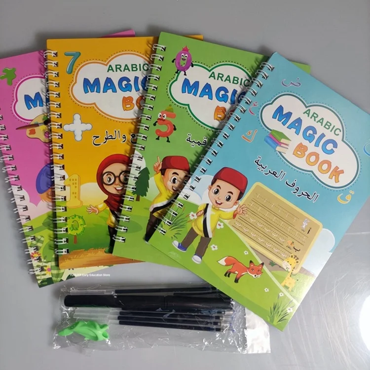 

4 pcs Arabic Magic Practice Copybook Arabic Alphanumeric Calligraphy Writing Book for Preschool