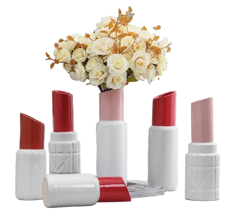 

Modern creative gifts accessories home decoration ceramic lipstick flower vase white red vases, Customized