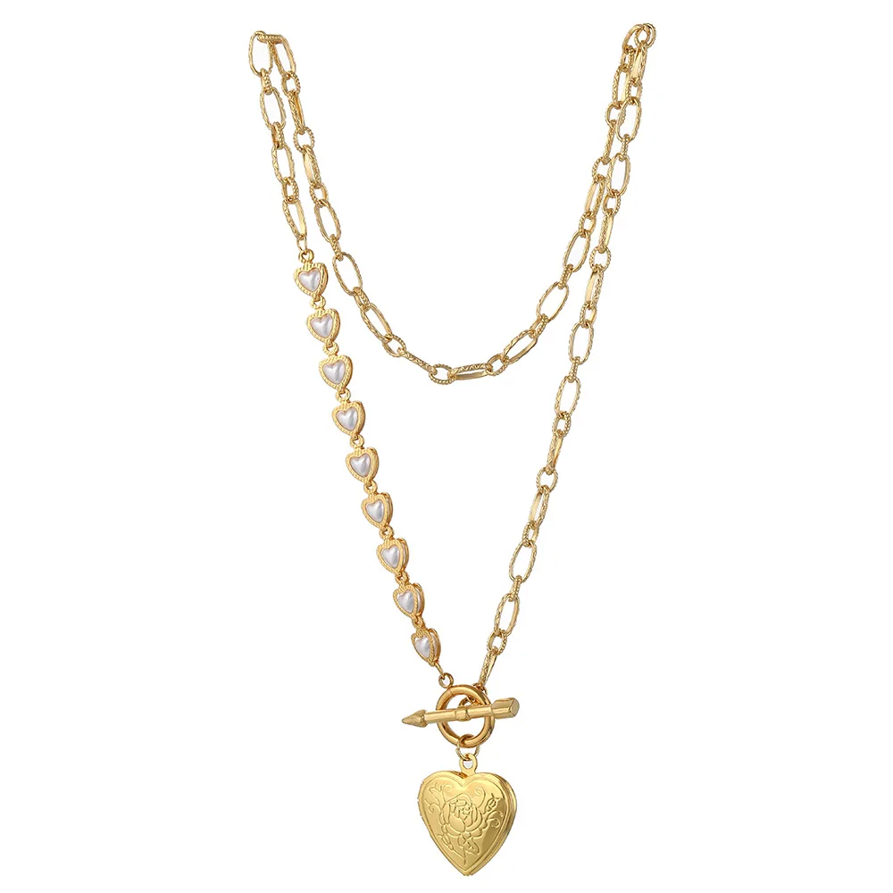 

Elegant Fashion Design Pearl Necklace Stainless Steel Gold Plated Heart Locket Pendant Toggle Clasp Chain Necklace Jewelry