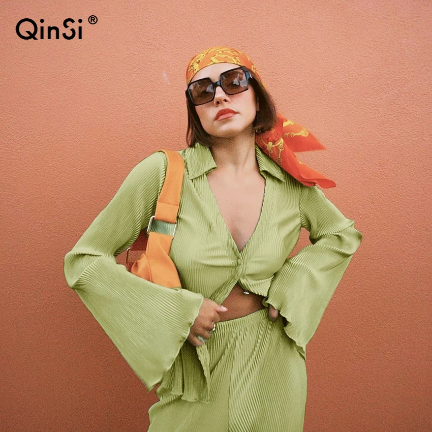 

QINSI Casual Solid Green 2 Sets Vrouwen 2021 Crop Top En Koord Long Bijpassende Set Zomer Athleisure Outfits